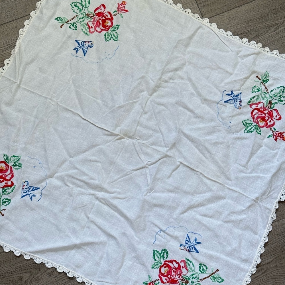 Hand Embroidered Square Tablecloth Vtg Blue Crochet Trim 31.5x29.5”
